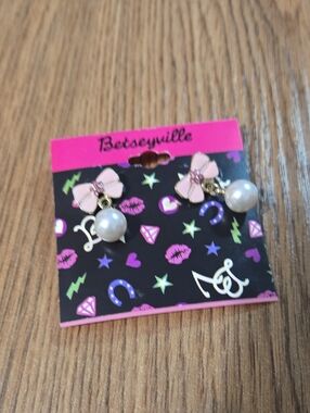 Betsey Johnson Pink Bow and Pearl Drop Earrings